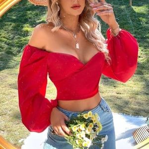 RED Sweetheart Neck Shirred Back Crop Blouse